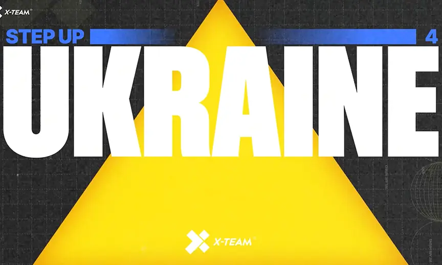 A yellow triangle with the word "UKRAINE" in white bold letters. Above the word the phrase "STEP UP" appears in bold purple letters. The background features a dark grid pattern