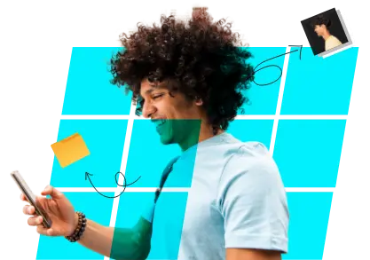 Afro man holding a phone and smiling at it from the side, with a cyan square grid background. Two arrows are pointing from him: one to a folder and one to a smaller photo