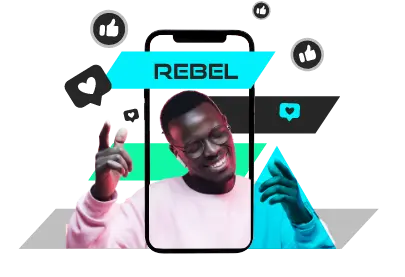 Young black man with glasses, smiling joyfully with arms raised, eyes closed. He is inside a cellphone with his arms extending outside it. Above his head are a skewed black rectangle and a blue rectangle with the word 'REBEL.' Social media icons are scattered around the cellphone